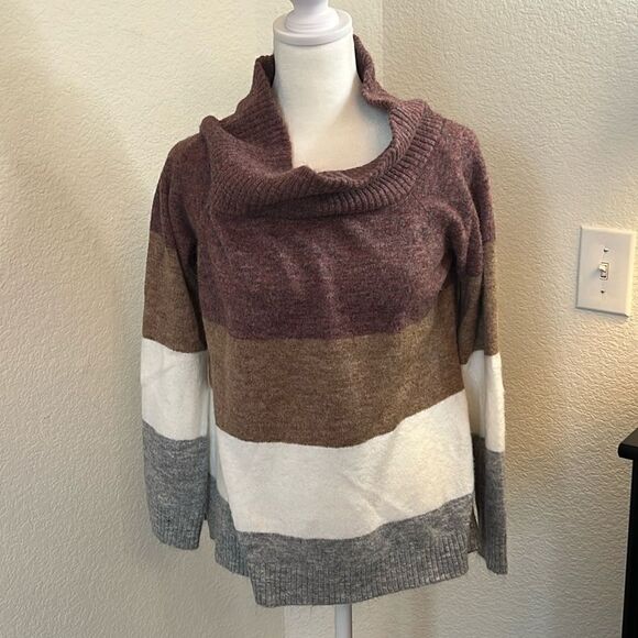 Multi-Color Striped Wide Cowl Neck Sweater - Size Large - Picture 1 of 6